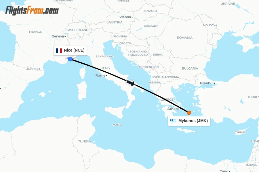 Flights from Nice to Mykonos route map