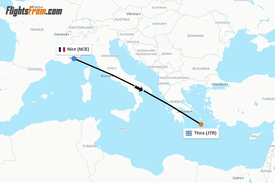 Flights from Nice to Thira route map