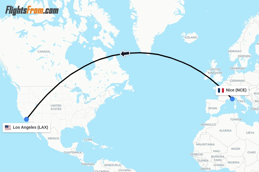 Flights from Nice to Los Angeles route map