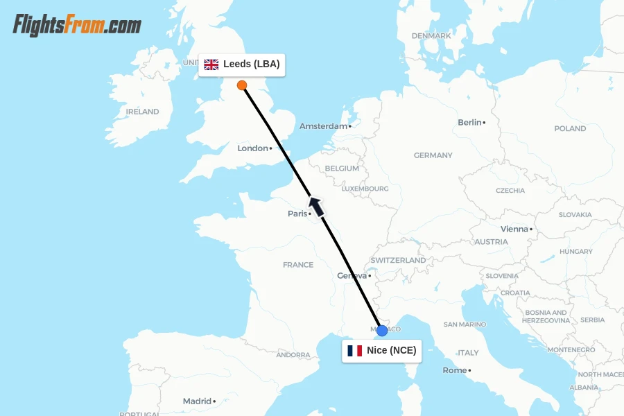 Flights from Nice to Leeds route map