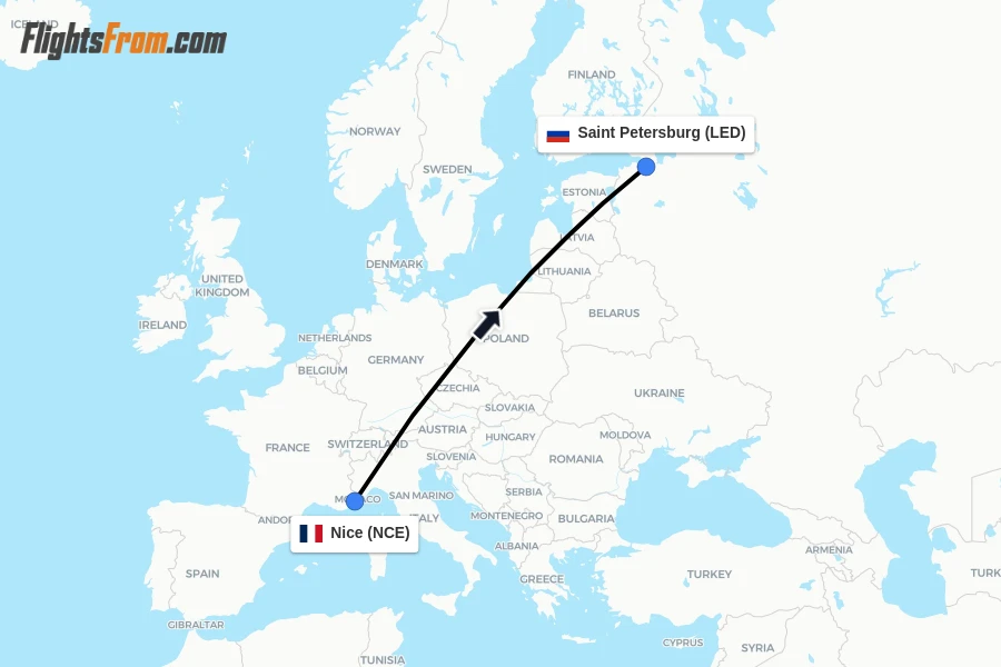 Flights from Nice to Saint Petersburg route map