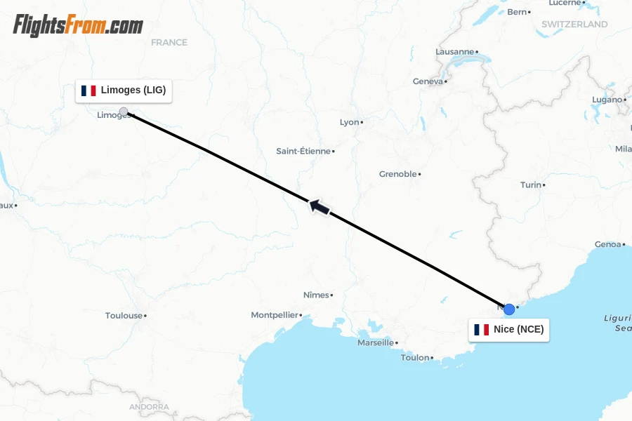 Flights from Nice to Limoges route map