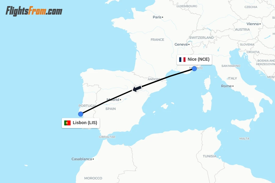 Flights from Nice to Lisbon route map