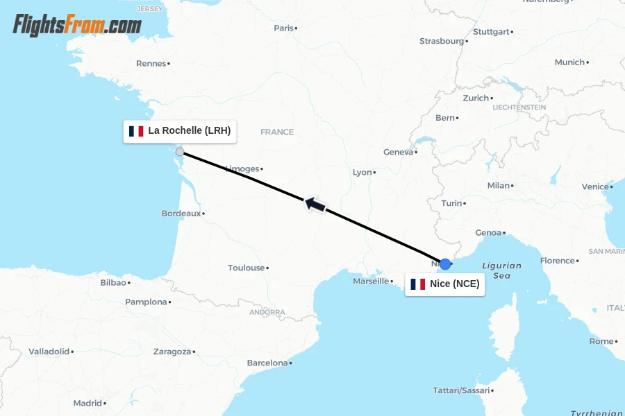 Flights from Nice to La Rochelle route map