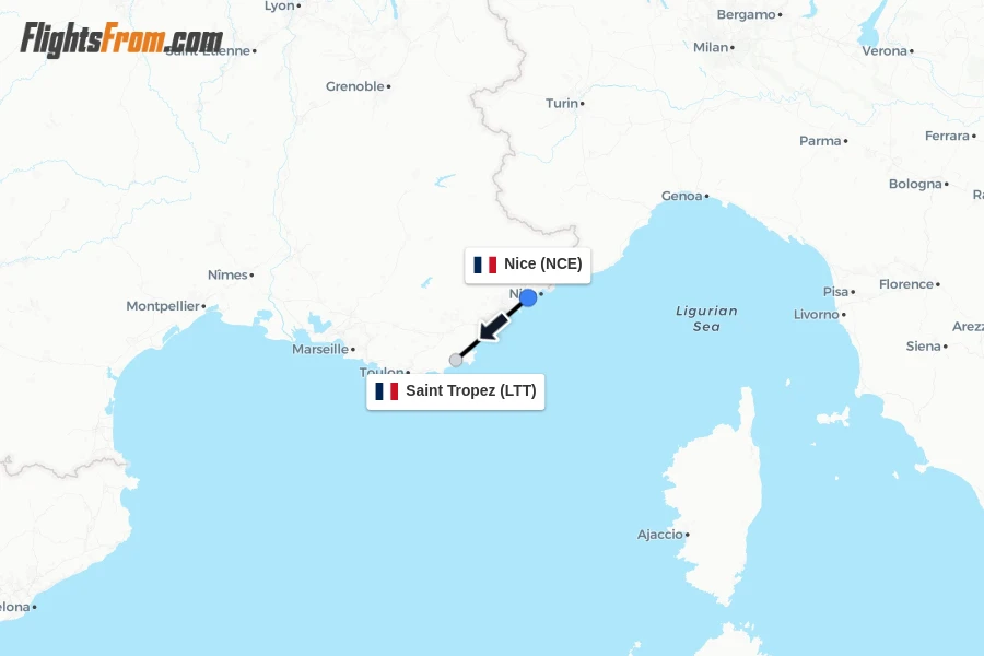 Flights from Nice to Saint Tropez route map