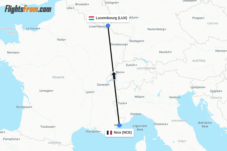 Flights from Nice to Luxembourg route map