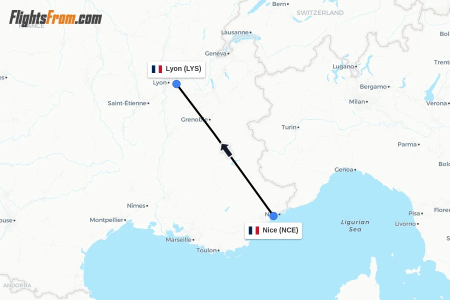 Flights from Nice to Lyon route map