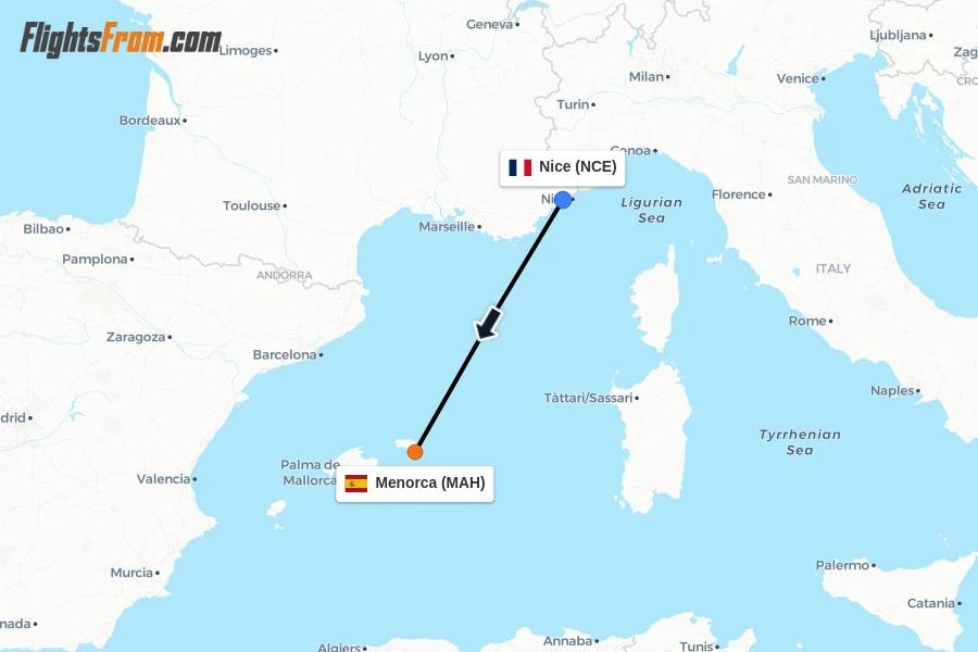 Flights from Nice to Menorca route map