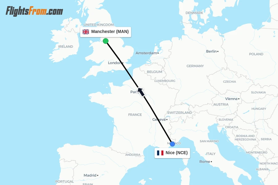 Flights from Nice to Manchester route map
