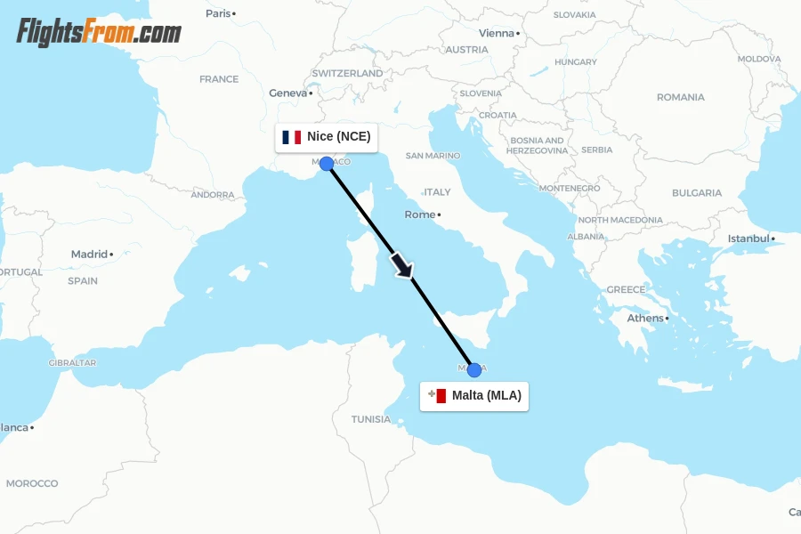 Flights from Nice to Malta route map
