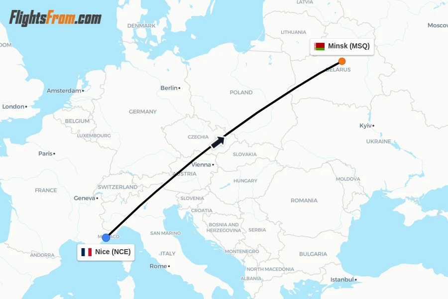 Flights from Nice to Minsk route map