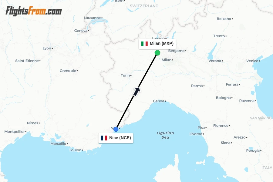 Flights from Nice to Milan route map