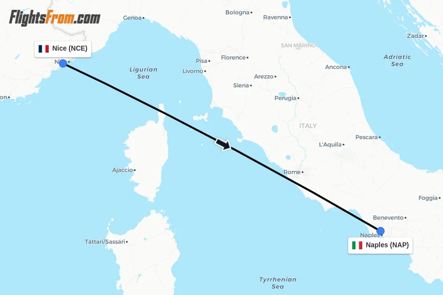 Flights from Nice to Naples route map