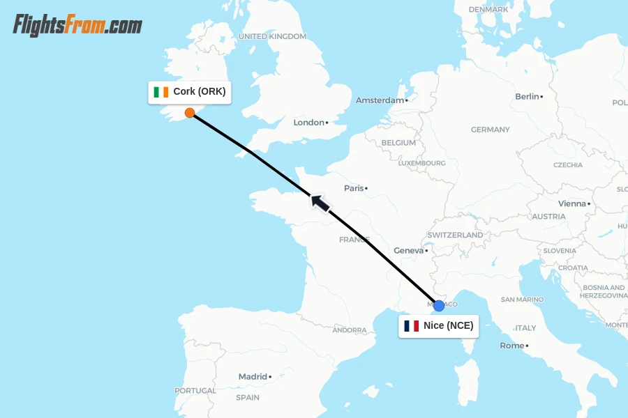 Flights from Nice to Cork route map