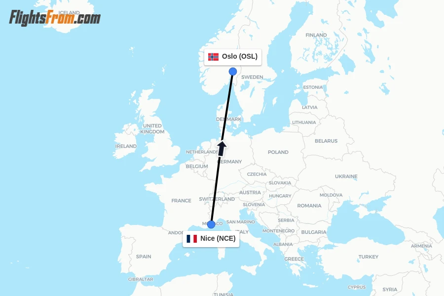 Flights from Nice to Oslo route map