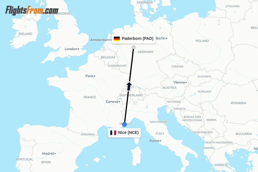 Flights from Nice to Paderborn route map