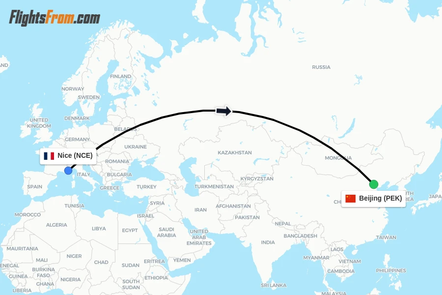 Flights from Nice to Beijing route map