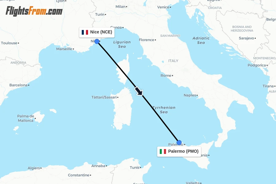 Flights from Nice to Palermo route map