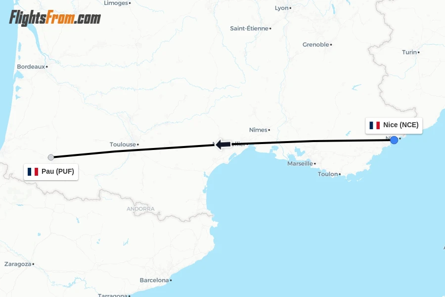 Flights from Nice to Pau route map