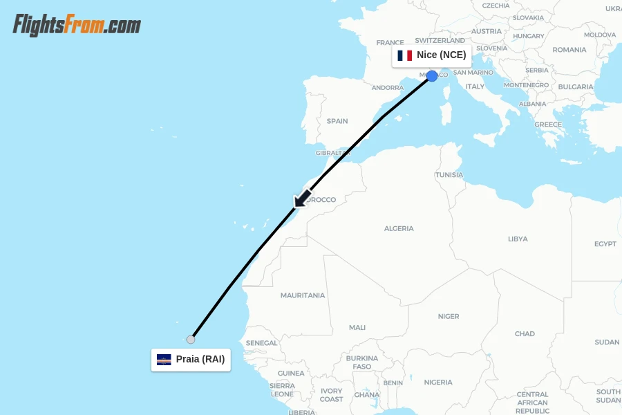 Flights from Nice to Praia route map