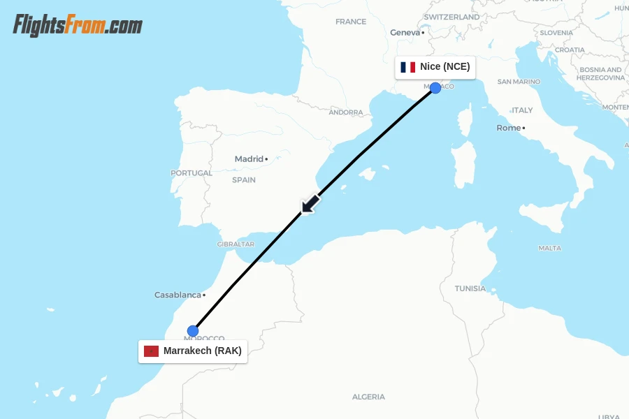 Flights from Nice to Marrakech route map