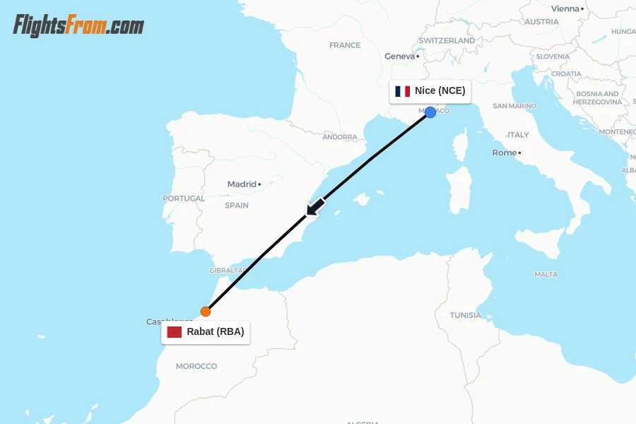 Flights from Nice to Rabat route map
