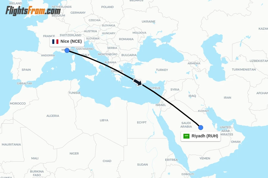 Flights from Nice to Riyadh route map