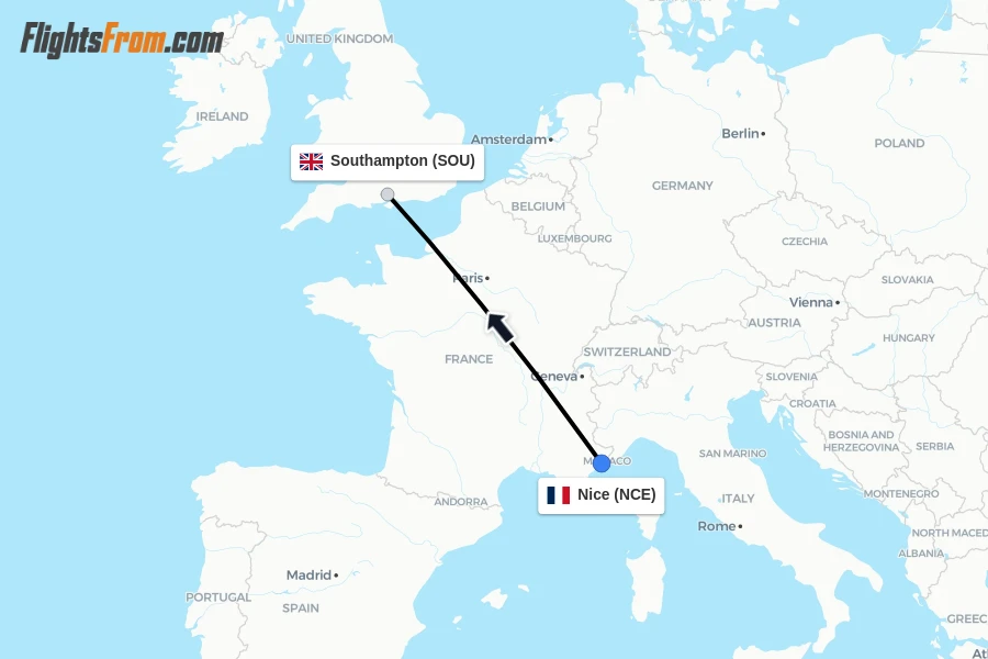 Flights from Nice to Southampton route map