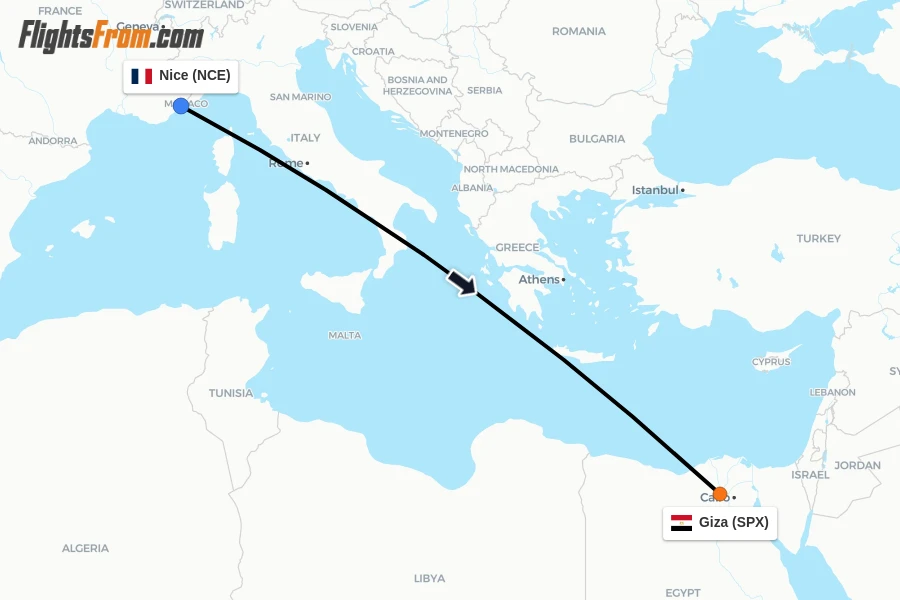 Flights from Nice to Giza route map