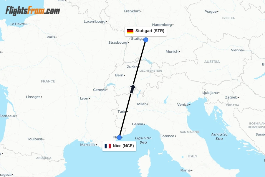 Flights from Nice to Stuttgart route map