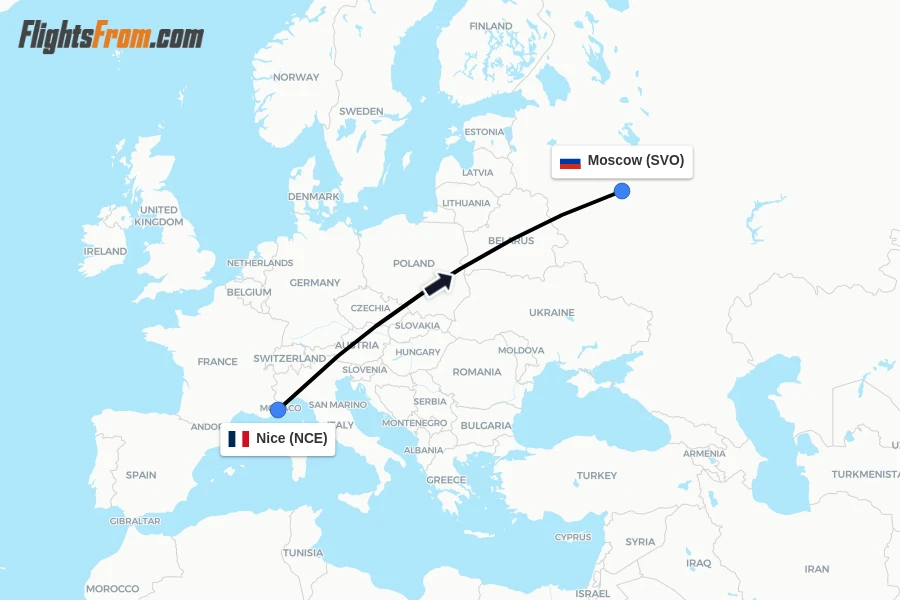 Flights from Nice to Moscow route map