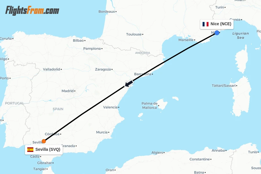 Flights from Nice to Sevilla route map