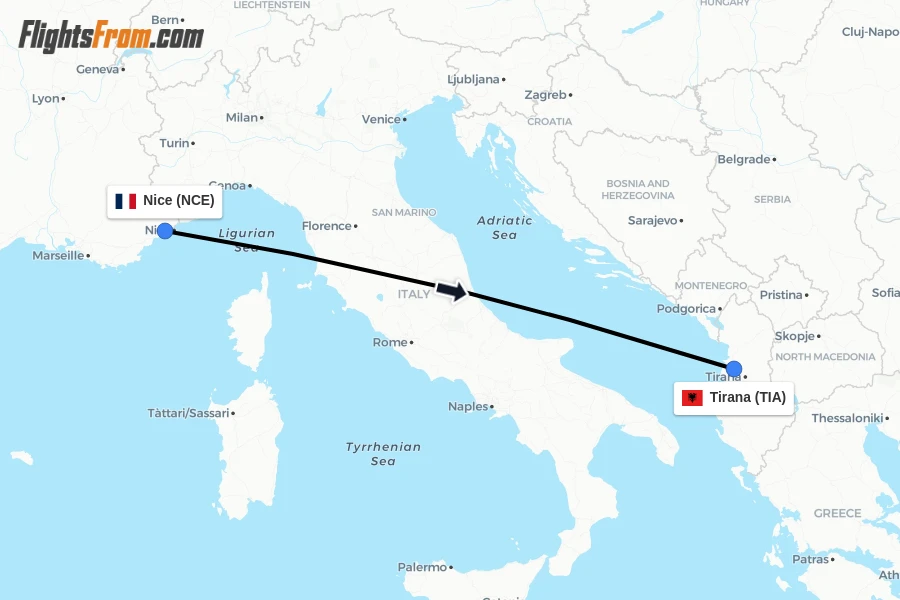 Flights from Nice to Tirana route map