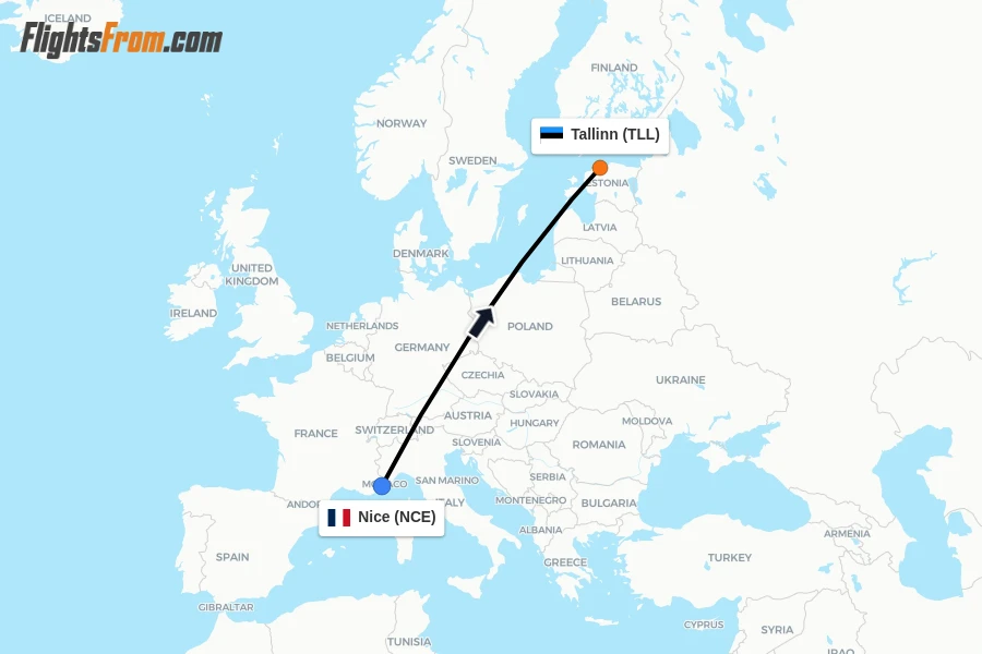 Flights from Nice to Tallinn route map