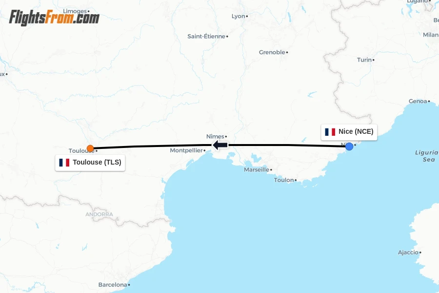 Flights from Nice to Toulouse route map