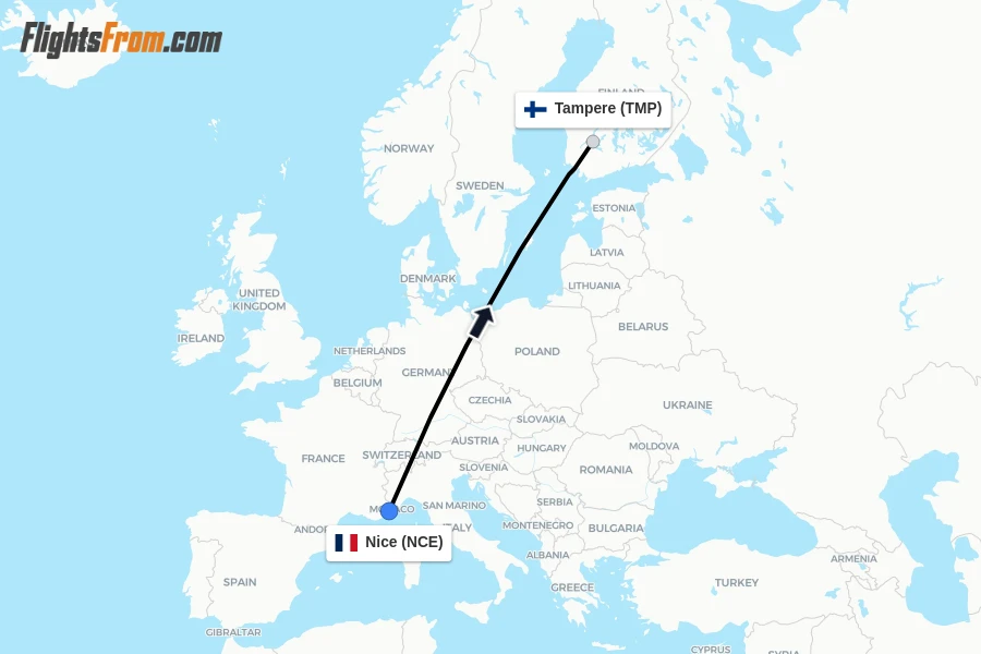 Flights from Nice to Tampere route map