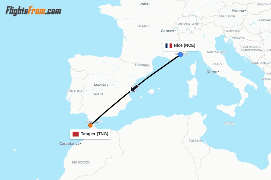 Flights from Nice to Tangier route map