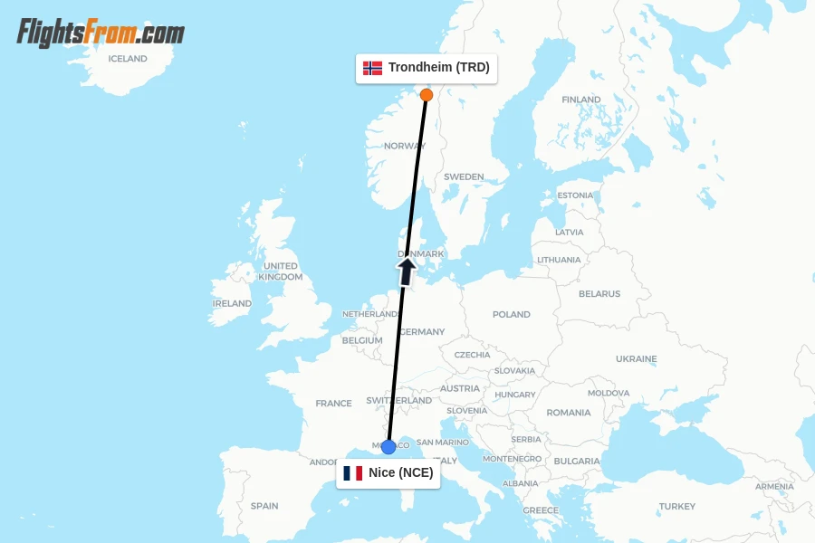 Flights from Nice to Trondheim route map