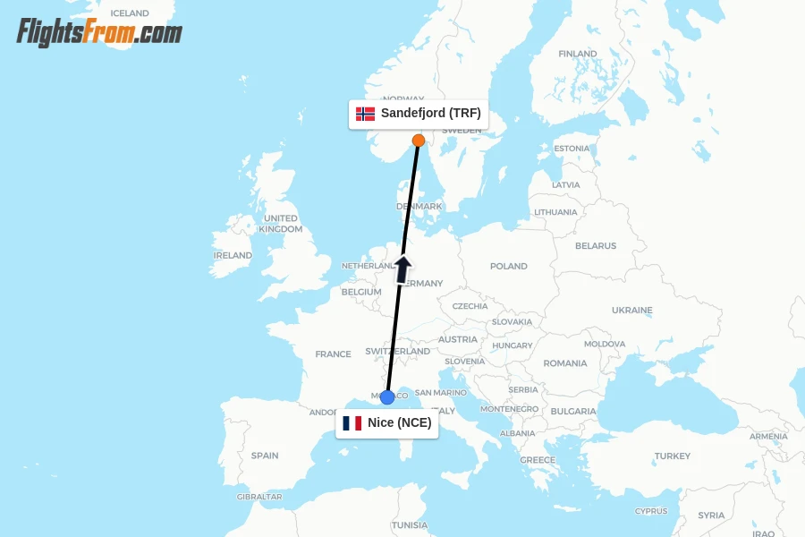 Flights from Nice to Sandefjord route map