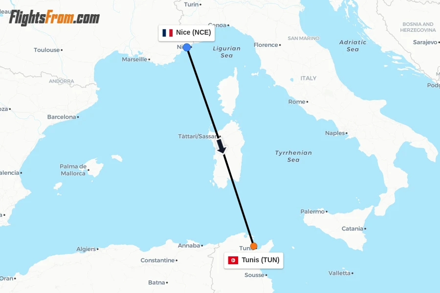 Flights from Nice to Tunis route map