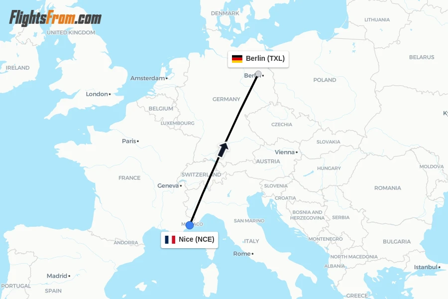 Flights from Nice to Berlin route map