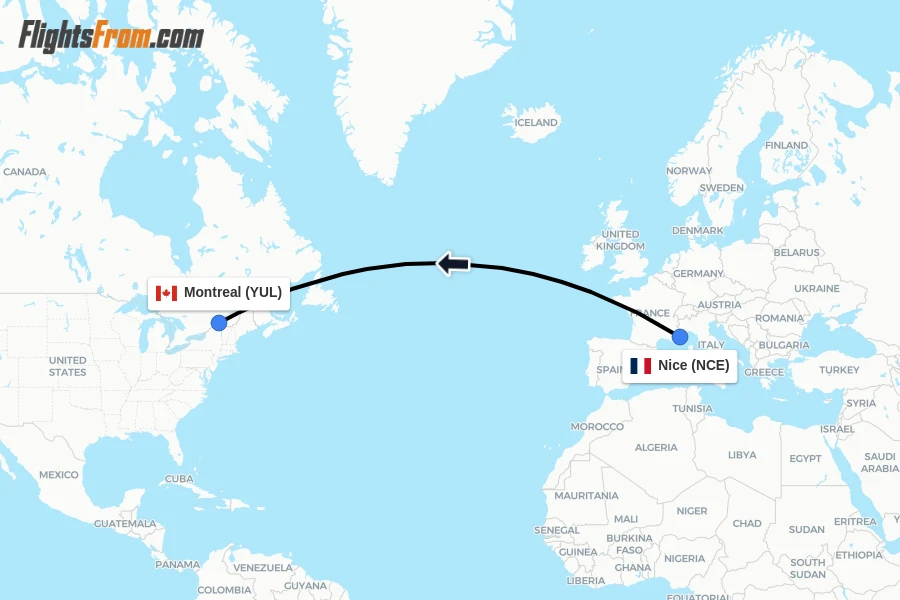 Flights from Nice to Montreal route map