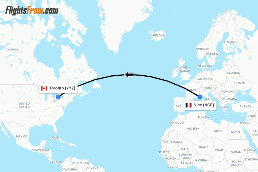 Flights from Nice to Toronto route map