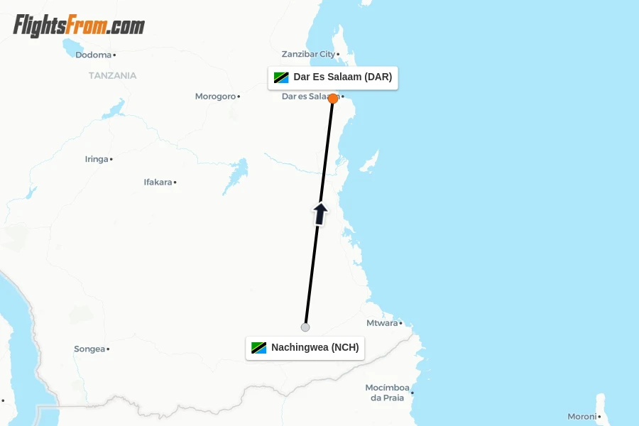 Flights from Nachingwea to Dar Es Salaam route map