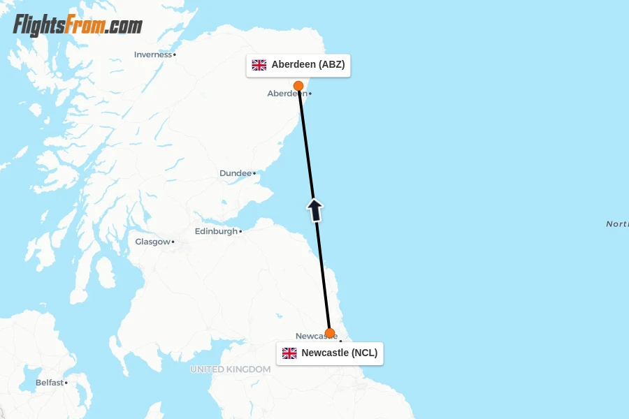 Flights from Newcastle to Aberdeen route map