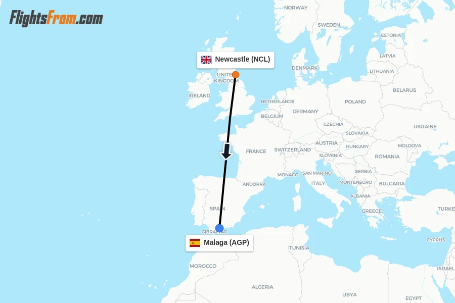 Flights from Newcastle to Malaga route map