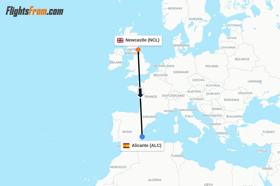 Flights from Newcastle to Alicante route map