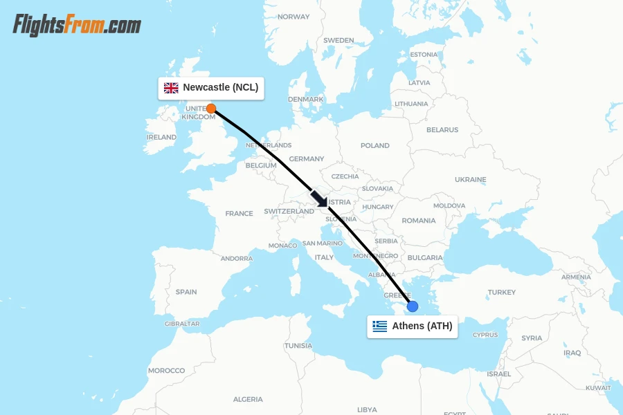 Flights from Newcastle to Athens route map