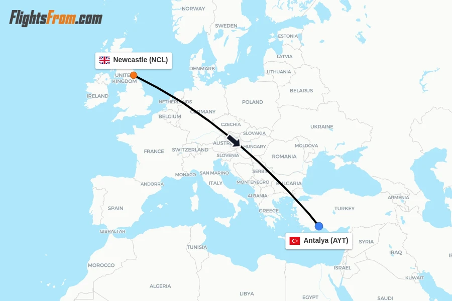 Flights from Newcastle to Antalya route map