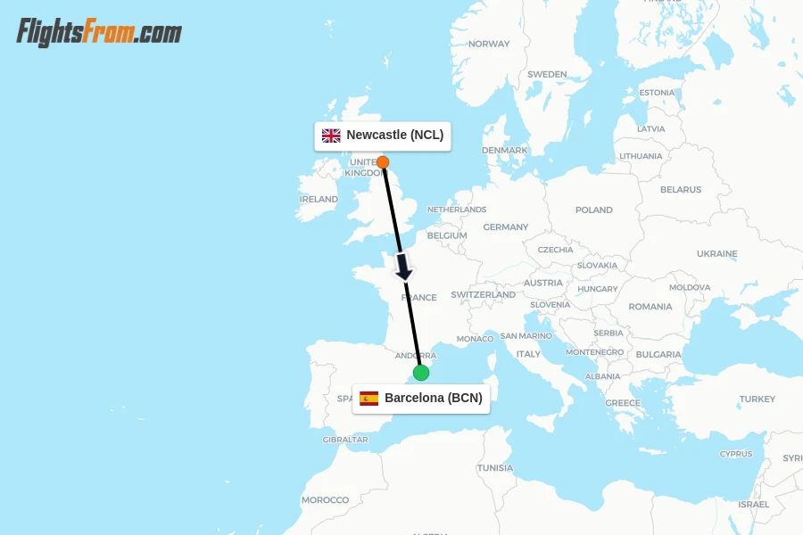 Flights from Newcastle to Barcelona route map